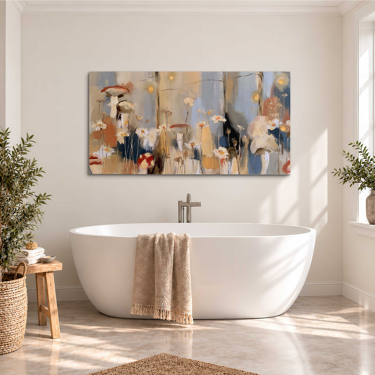 Loose mushroom and flower forms among vertical blue, ochre and cream strokes single canvas wall art styled in an interior