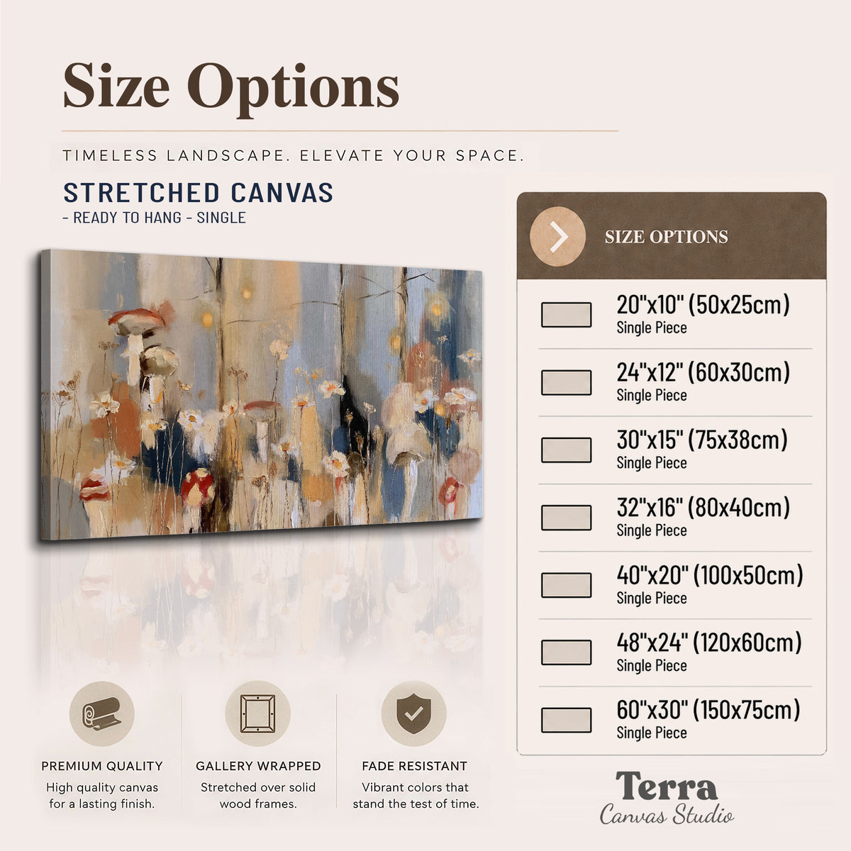 Loose mushroom and flower forms among vertical blue, ochre and cream strokes single canvas wall art available dimensions