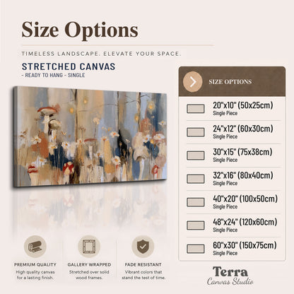 Loose mushroom and flower forms among vertical blue, ochre and cream strokes single canvas wall art available dimensions
