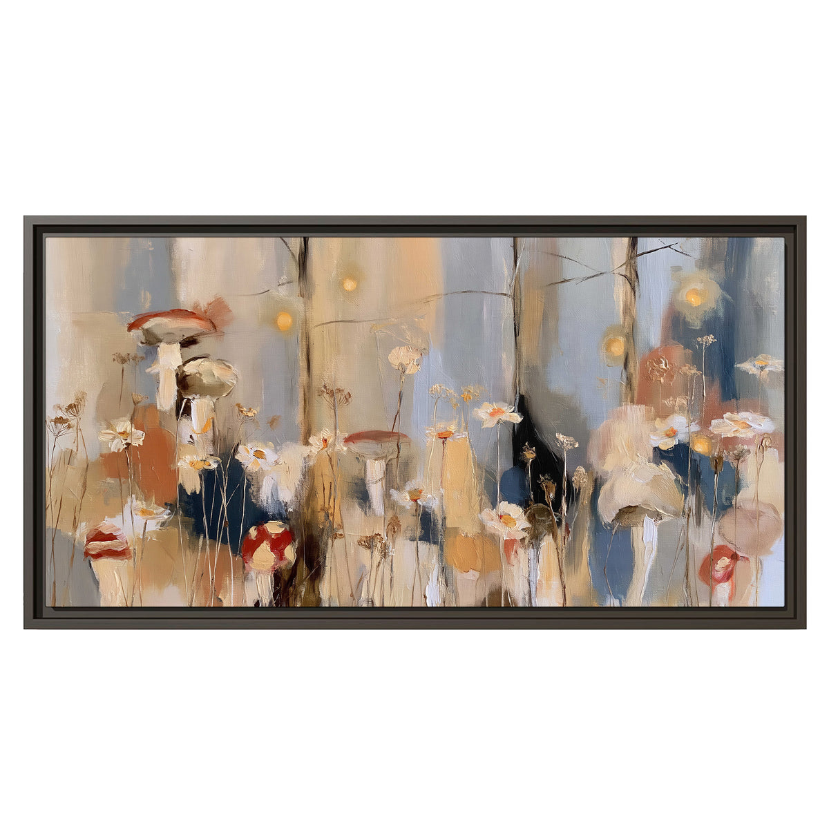 Loose mushroom and flower forms among vertical blue, ochre and cream strokes single framed canvas wall art viewed straight on