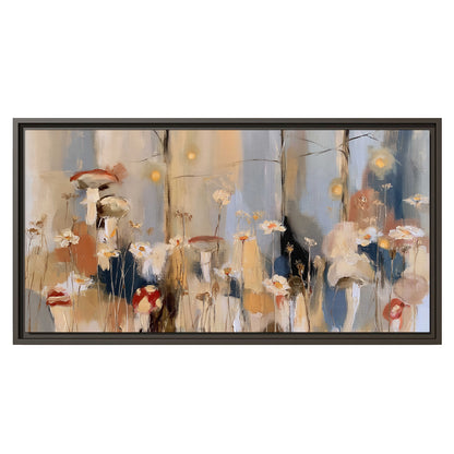 Loose mushroom and flower forms among vertical blue, ochre and cream strokes single framed canvas wall art viewed straight on