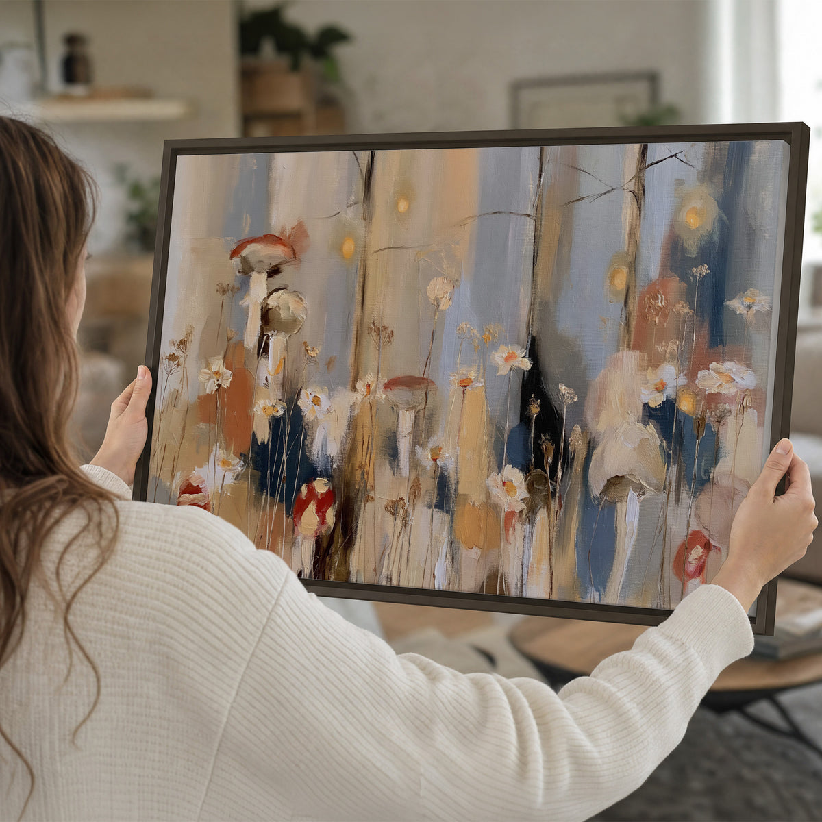 Loose mushroom and flower forms among vertical blue, ochre and cream strokes single framed canvas wall art held in hands