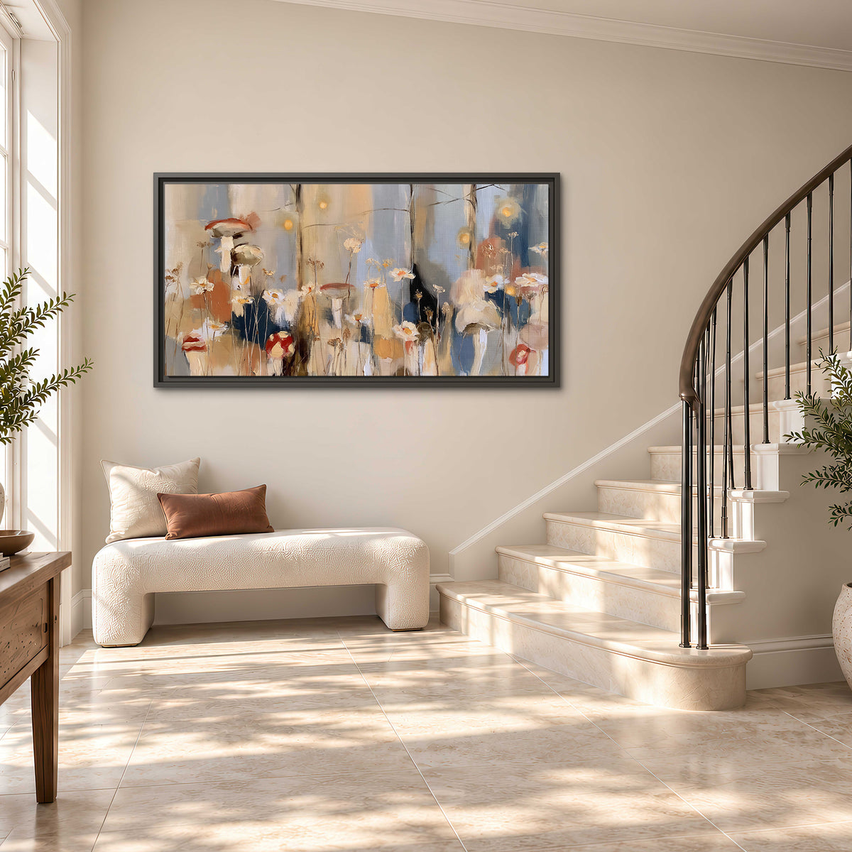 Loose mushroom and flower forms among vertical blue, ochre and cream strokes single framed canvas wall art styled in an interior