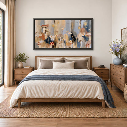 Loose mushroom and flower forms among vertical blue, ochre and cream strokes single framed canvas wall art styled in an interior
