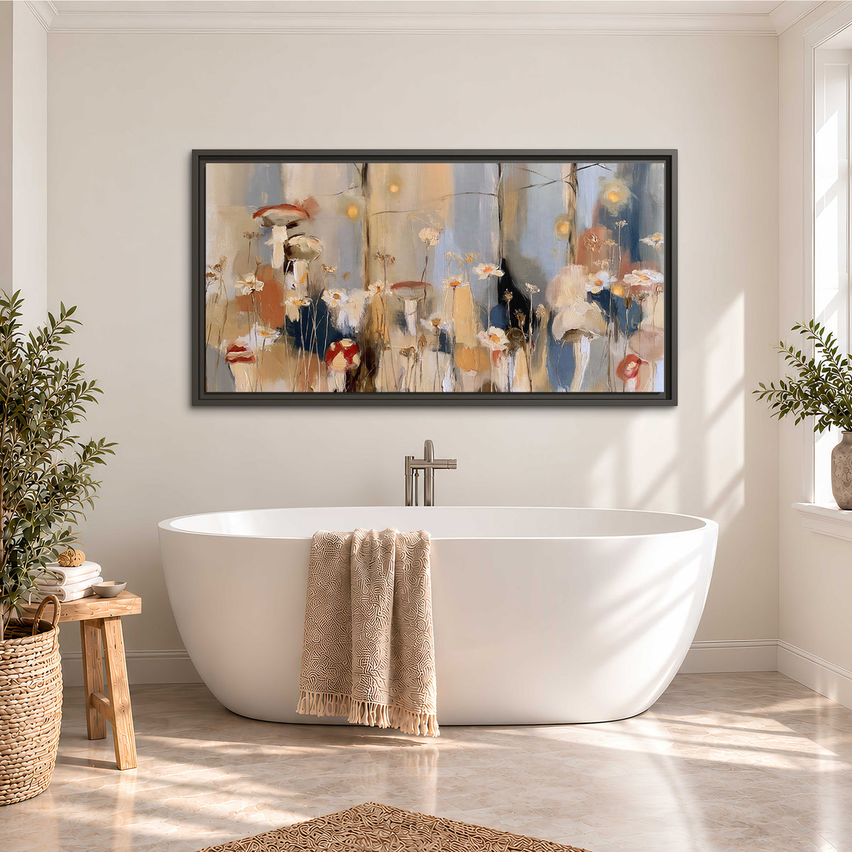 Loose mushroom and flower forms among vertical blue, ochre and cream strokes single framed canvas wall art styled in an interior