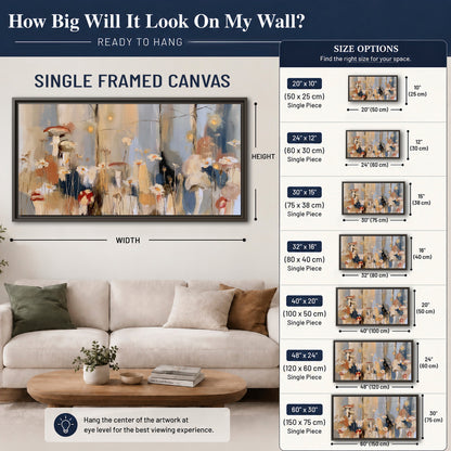 Loose mushroom and flower forms among vertical blue, ochre and cream strokes single framed canvas wall art size guide above a sofa; room view is illustrative