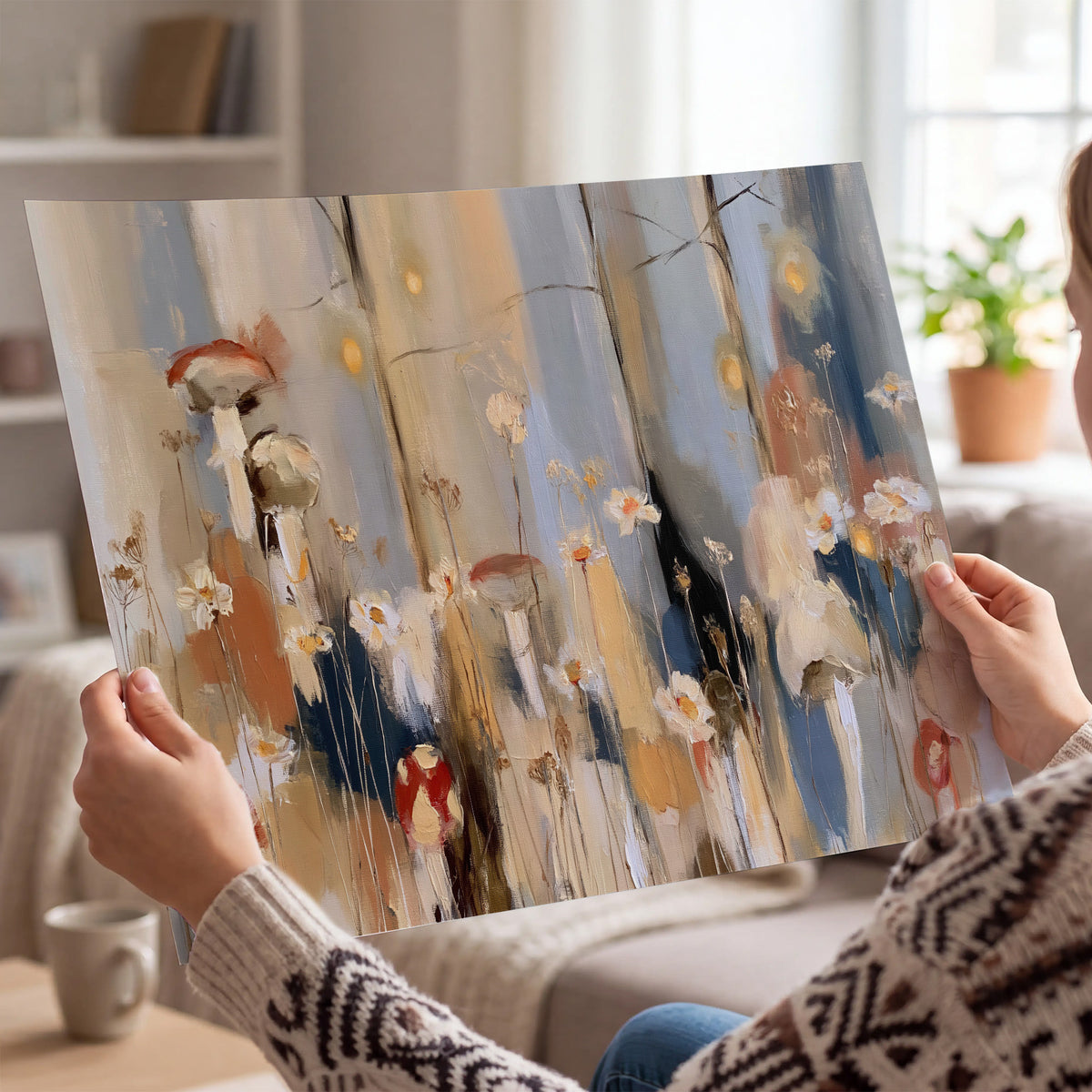 Loose mushroom and flower forms among vertical blue, ochre and cream strokes single poster print held in hands