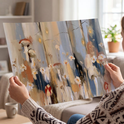 Loose mushroom and flower forms among vertical blue, ochre and cream strokes single poster print held in hands