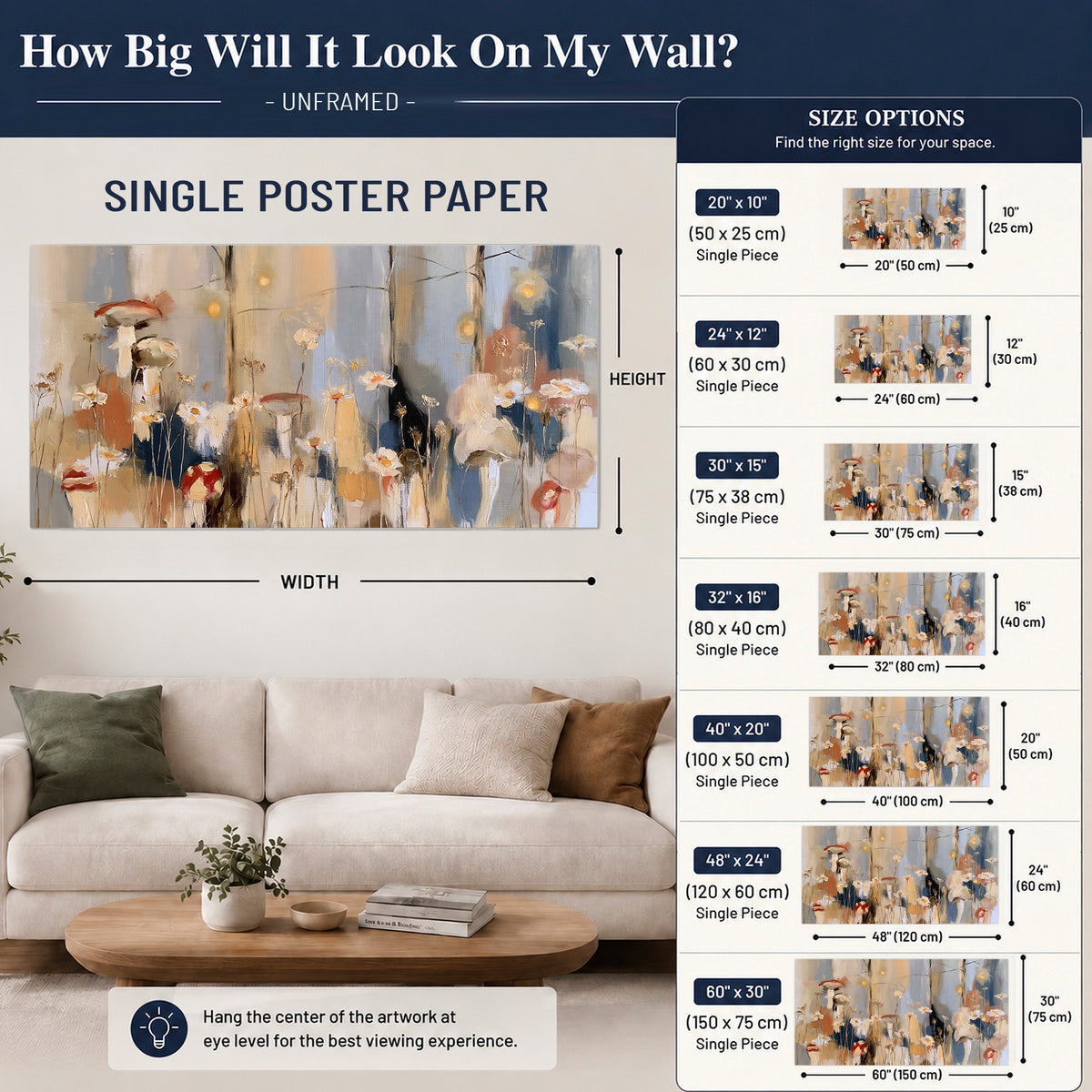 Loose mushroom and flower forms among vertical blue, ochre and cream strokes single poster print size guide above a sofa; room view is illustrative