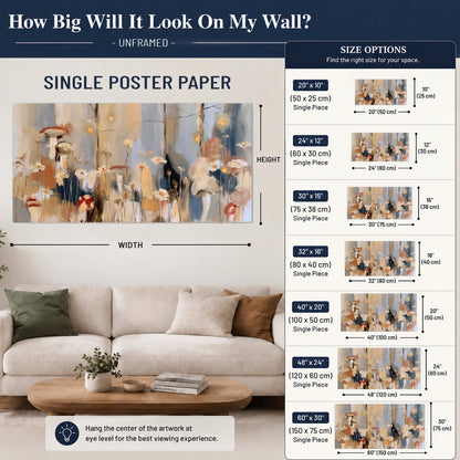 Loose mushroom and flower forms among vertical blue, ochre and cream strokes single poster print size guide above a sofa; room view is illustrative