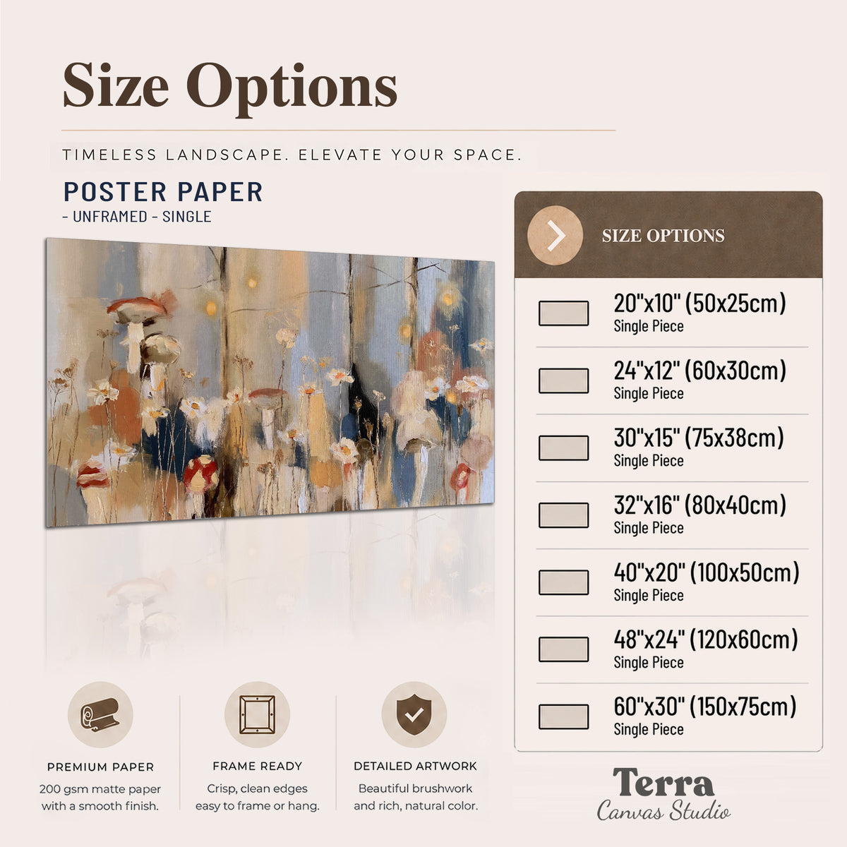 Loose mushroom and flower forms among vertical blue, ochre and cream strokes single poster print available dimensions