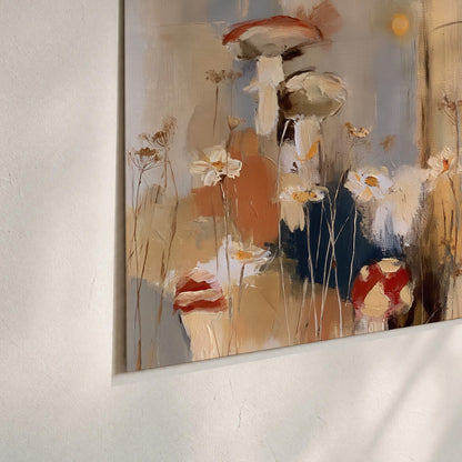 Loose mushroom and flower forms among vertical blue, ochre and cream strokes set of 3 poster prints material and edge close up