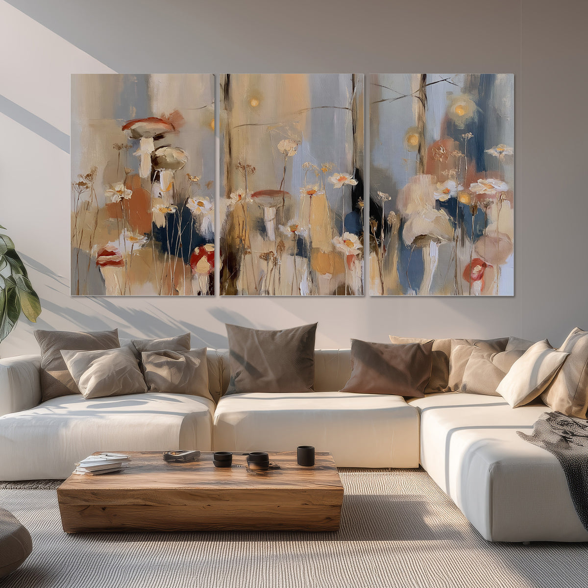 Loose mushroom and flower forms among vertical blue, ochre and cream strokes set of 3 poster prints displayed in a living room