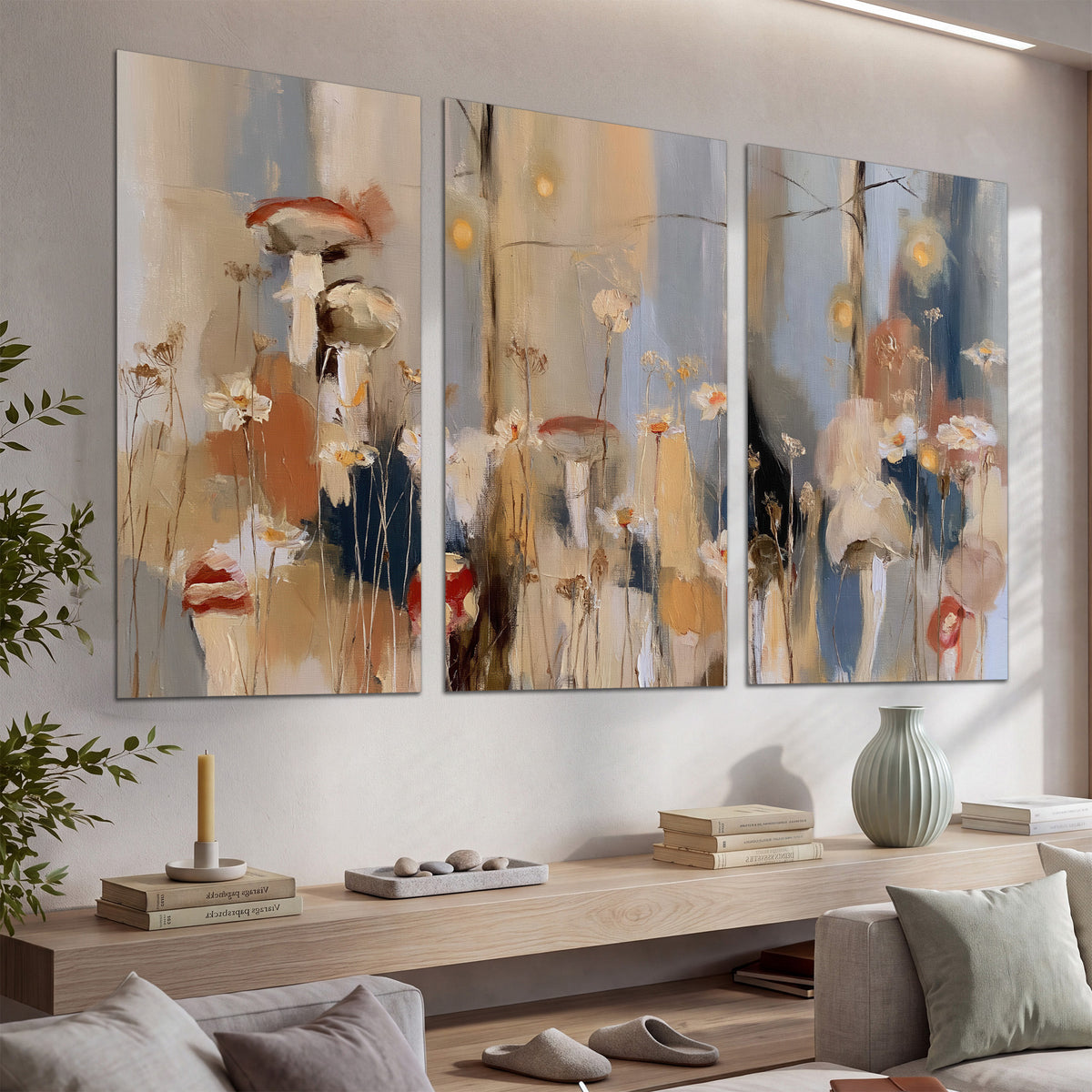 Loose mushroom and flower forms among vertical blue, ochre and cream strokes set of 3 poster prints displayed in a console