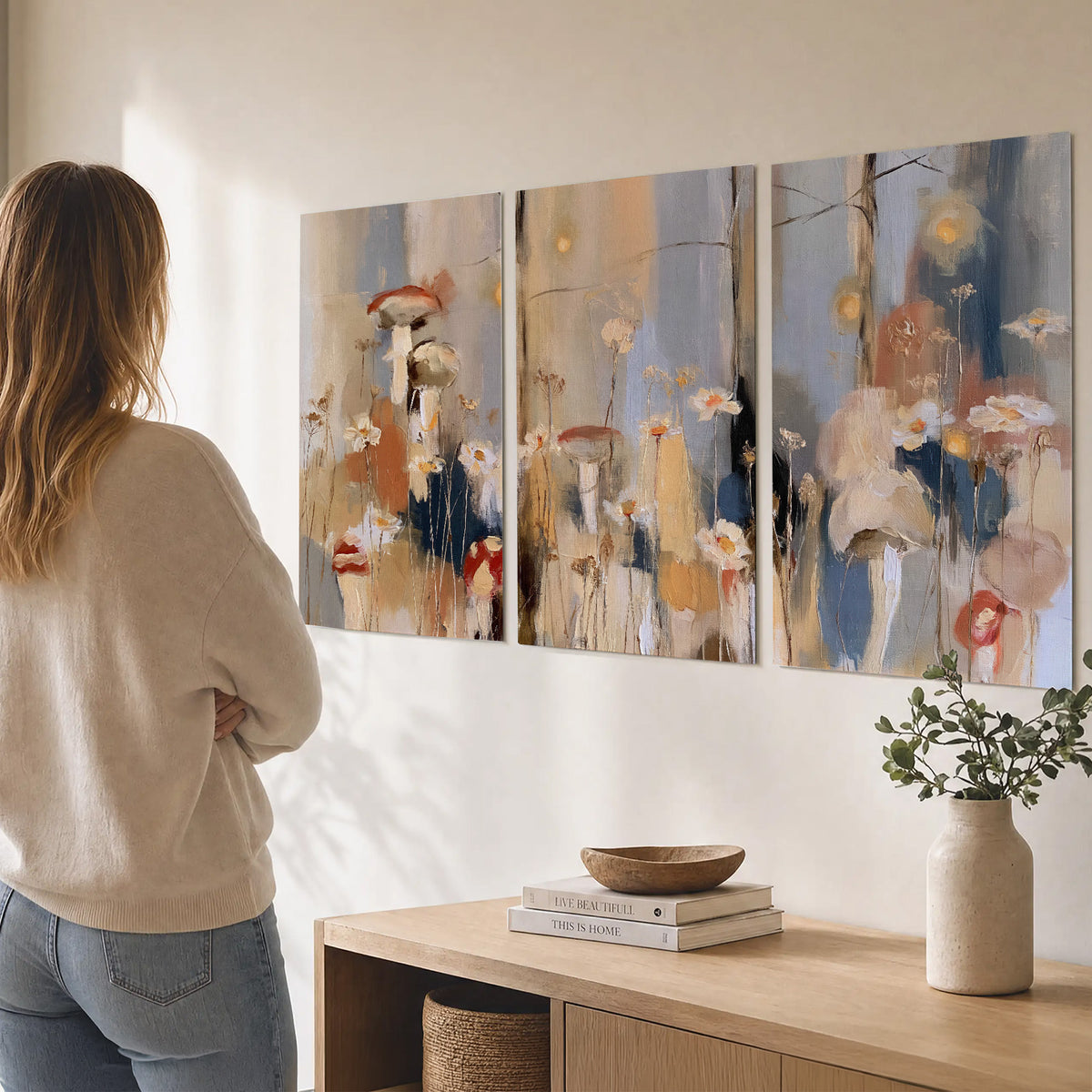 Loose mushroom and flower forms among vertical blue, ochre and cream strokes set of 3 poster prints three panel arrangement on a wall