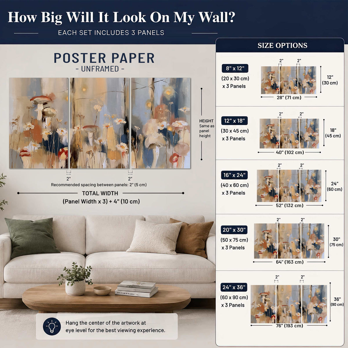Loose mushroom and flower forms among vertical blue, ochre and cream strokes set of 3 poster prints size guide above a sofa; room view is illustrative