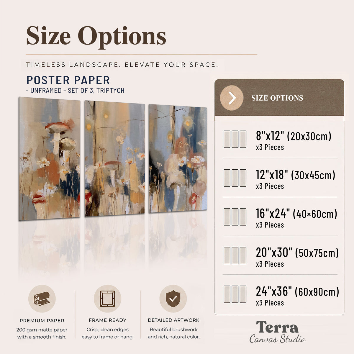 Loose mushroom and flower forms among vertical blue, ochre and cream strokes set of 3 poster prints available dimensions; triptych dimensions are per panel
