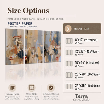 Loose mushroom and flower forms among vertical blue, ochre and cream strokes set of 3 poster prints available dimensions; triptych dimensions are per panel