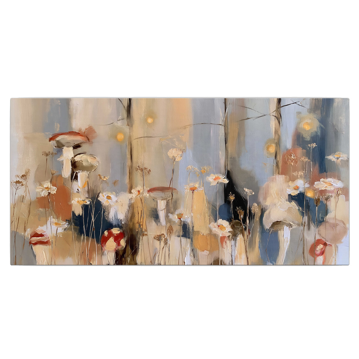 Loose mushroom and flower forms among vertical blue, ochre and cream strokes single canvas wall art viewed straight on