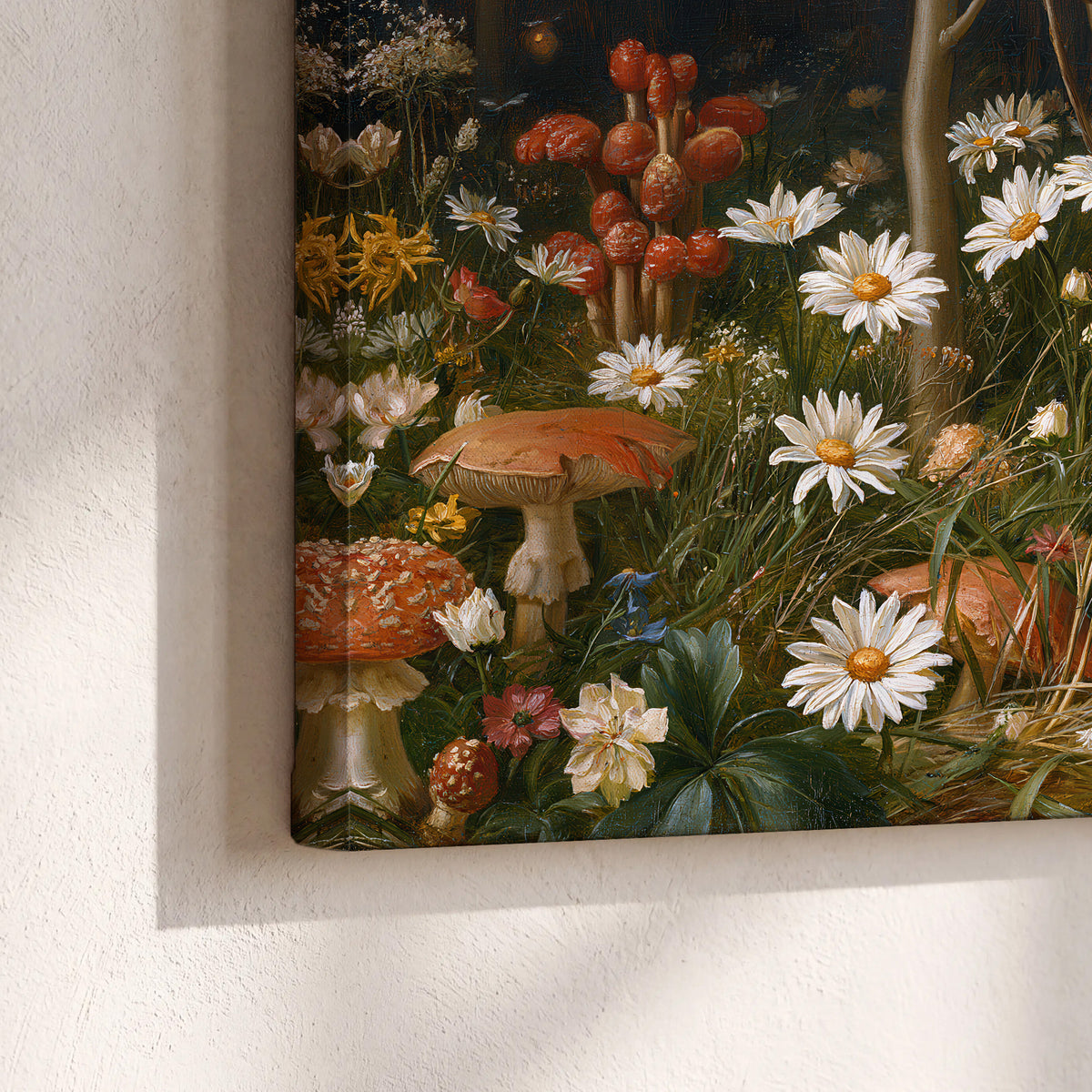 White daisies and warm red mushrooms scattered across a dark woodland garden 3 piece canvas wall art material and edge close up