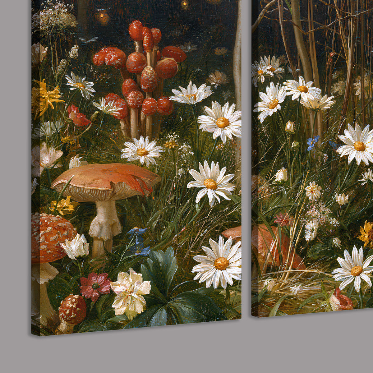 White daisies and warm red mushrooms scattered across a dark woodland garden 3 piece canvas wall art room and product view