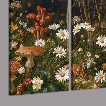 White daisies and warm red mushrooms scattered across a dark woodland garden 3 piece canvas wall art room and product view