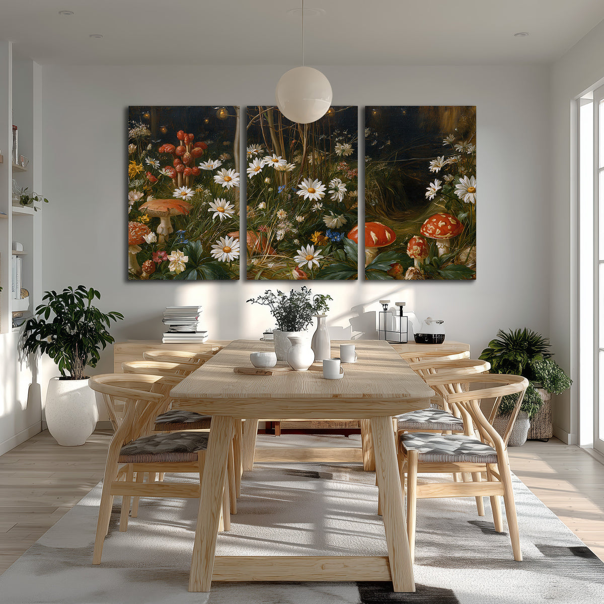 White daisies and warm red mushrooms scattered across a dark woodland garden 3 piece canvas wall art room and product view