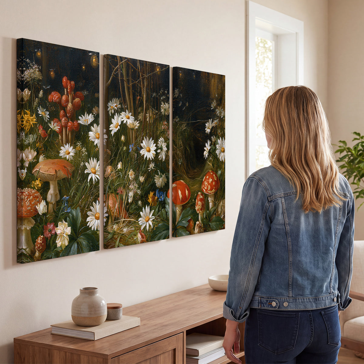 White daisies and warm red mushrooms scattered across a dark woodland garden 3 piece canvas wall art three panel arrangement on a wall