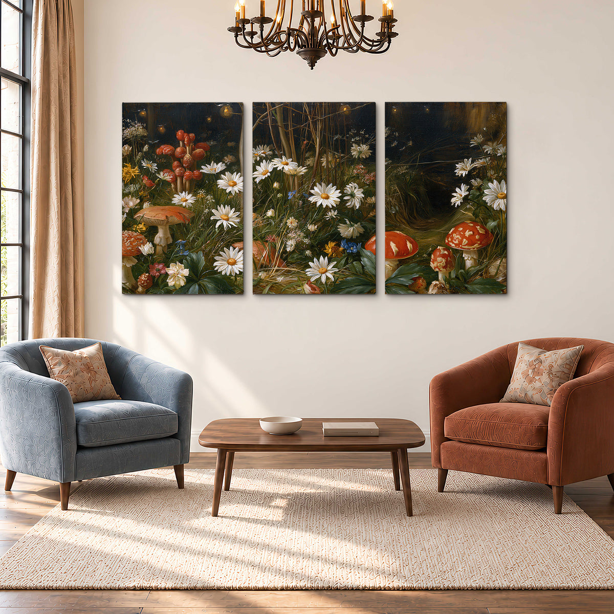 White daisies and warm red mushrooms scattered across a dark woodland garden 3 piece canvas wall art styled in an interior