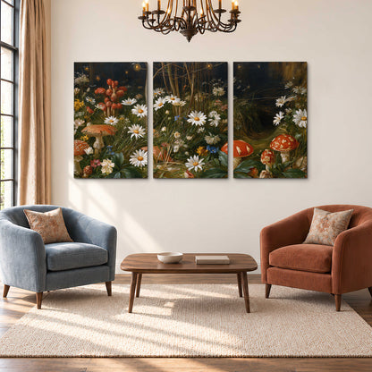 White daisies and warm red mushrooms scattered across a dark woodland garden 3 piece canvas wall art styled in an interior