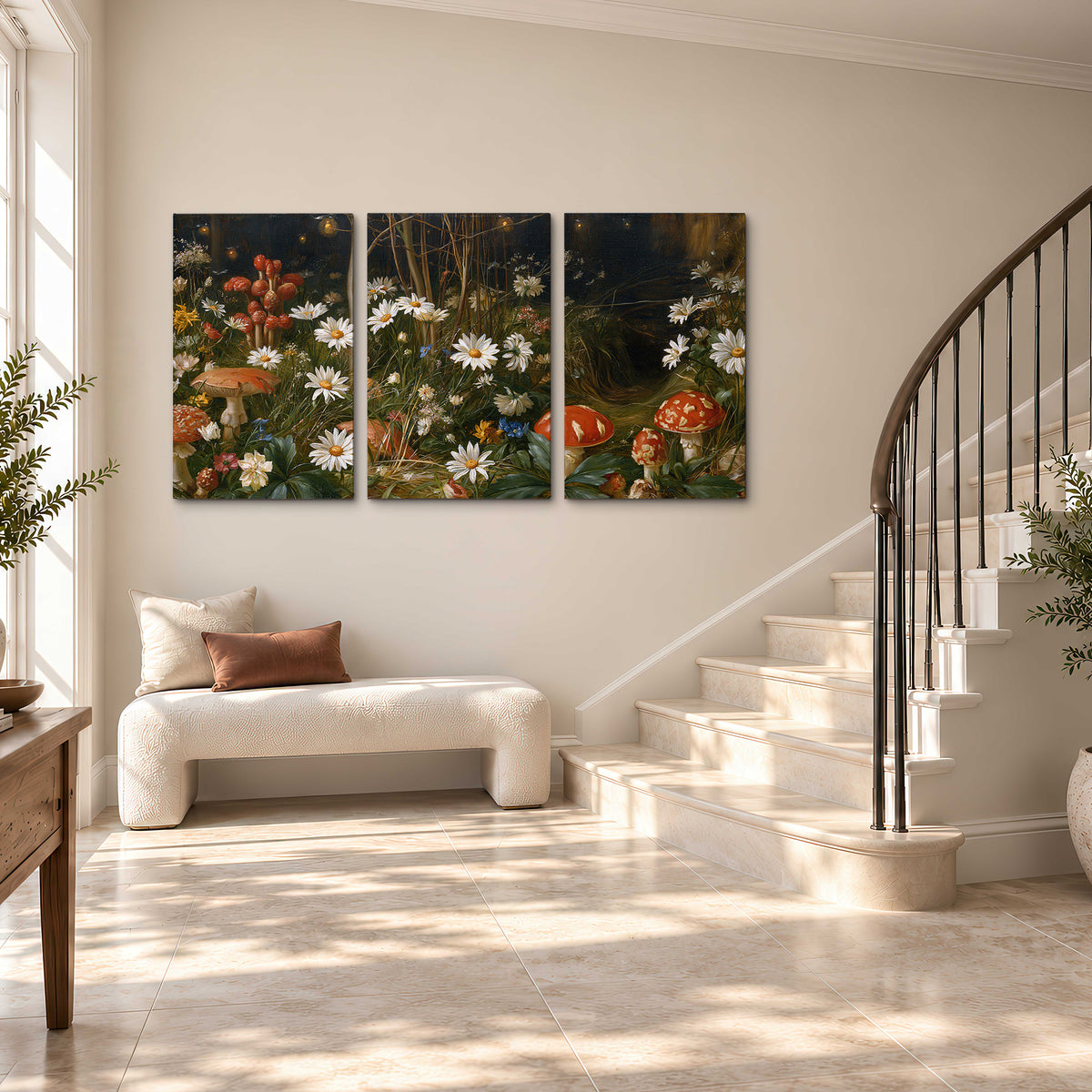 White daisies and warm red mushrooms scattered across a dark woodland garden 3 piece canvas wall art styled in an interior