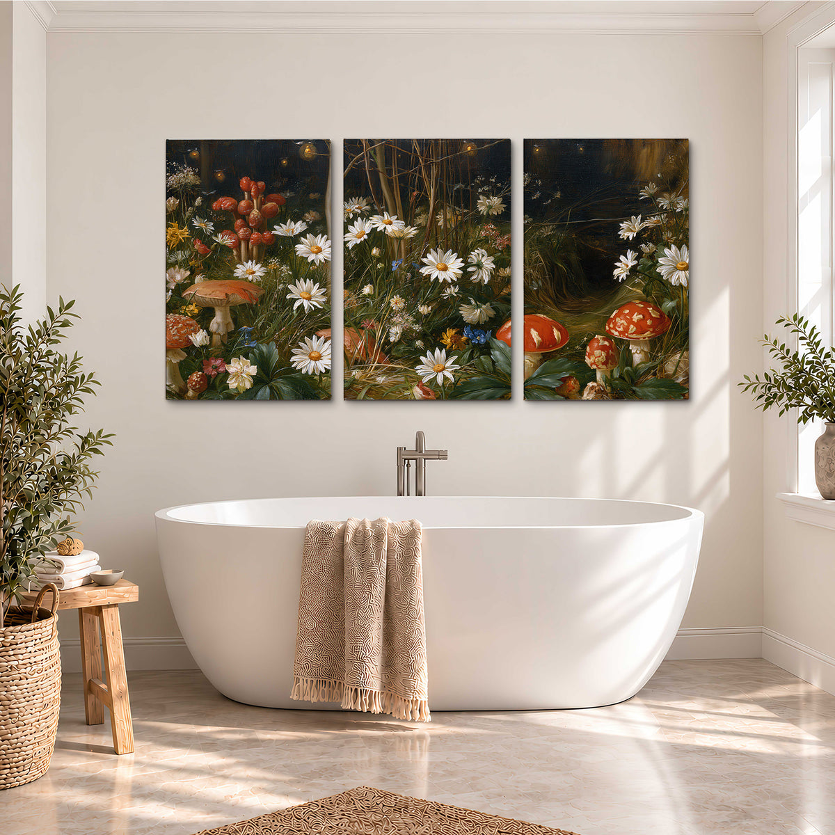 White daisies and warm red mushrooms scattered across a dark woodland garden 3 piece canvas wall art styled in an interior