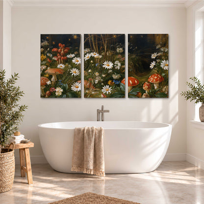 White daisies and warm red mushrooms scattered across a dark woodland garden 3 piece canvas wall art styled in an interior