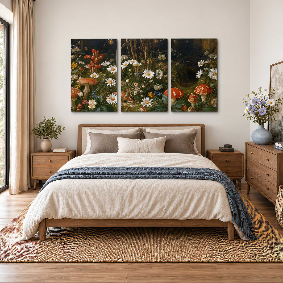 White daisies and warm red mushrooms scattered across a dark woodland garden 3 piece canvas wall art styled in an interior