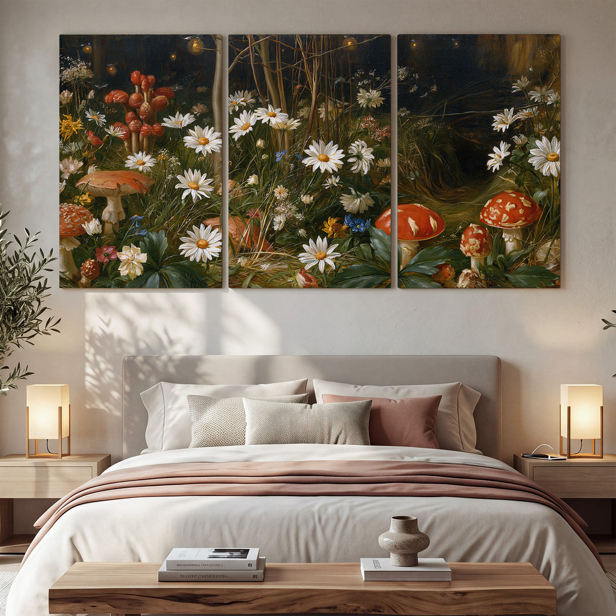 White daisies and warm red mushrooms scattered across a dark woodland garden 3 piece canvas wall art displayed in a bedroom