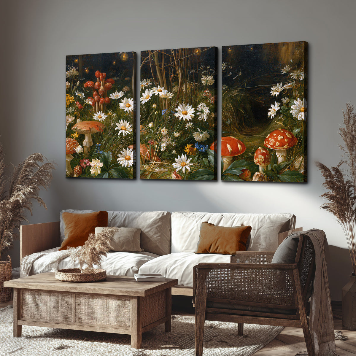 White daisies and warm red mushrooms scattered across a dark woodland garden 3 piece canvas wall art displayed in a rustic living room