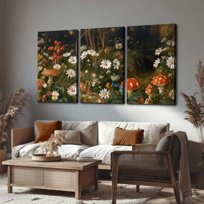 White daisies and warm red mushrooms scattered across a dark woodland garden 3 piece canvas wall art displayed in a rustic living room