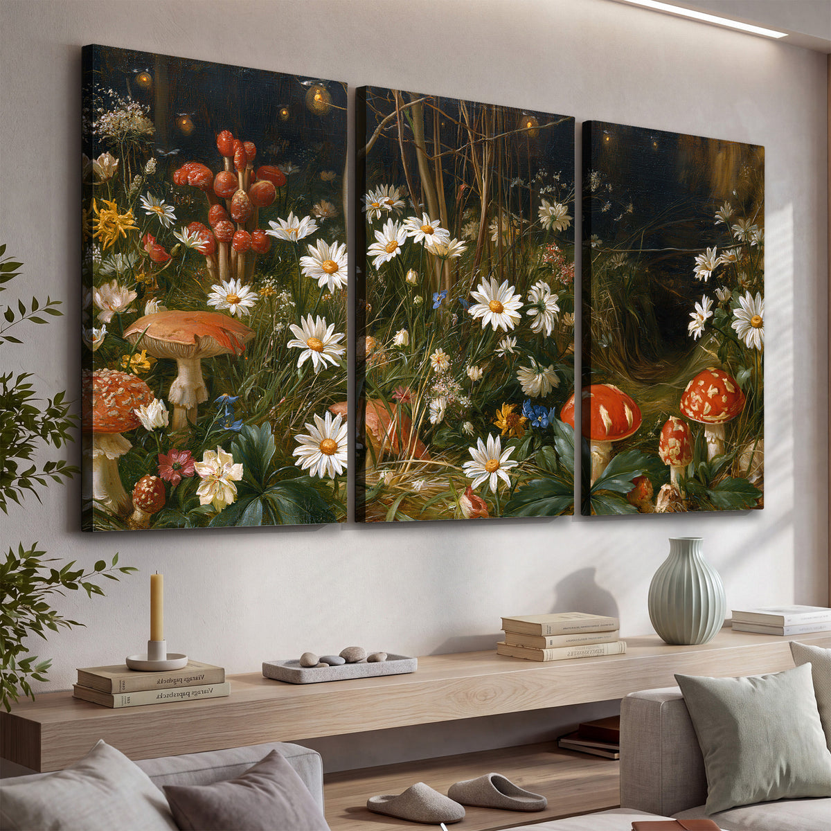 White daisies and warm red mushrooms scattered across a dark woodland garden 3 piece canvas wall art displayed in a console