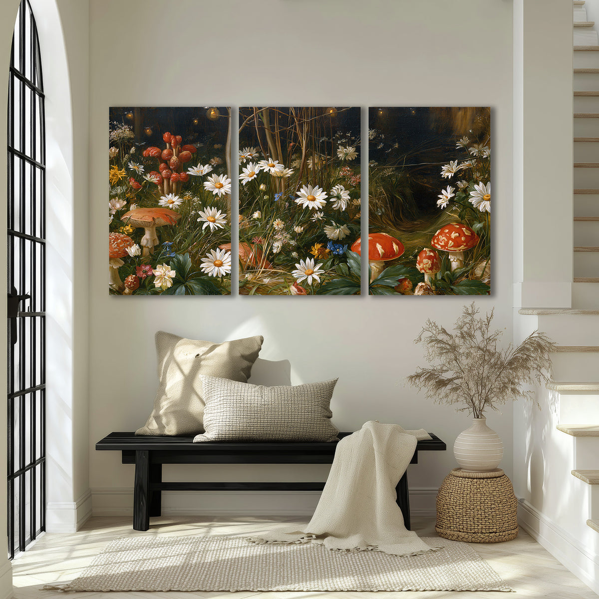 White daisies and warm red mushrooms scattered across a dark woodland garden 3 piece canvas wall art displayed in a entryway