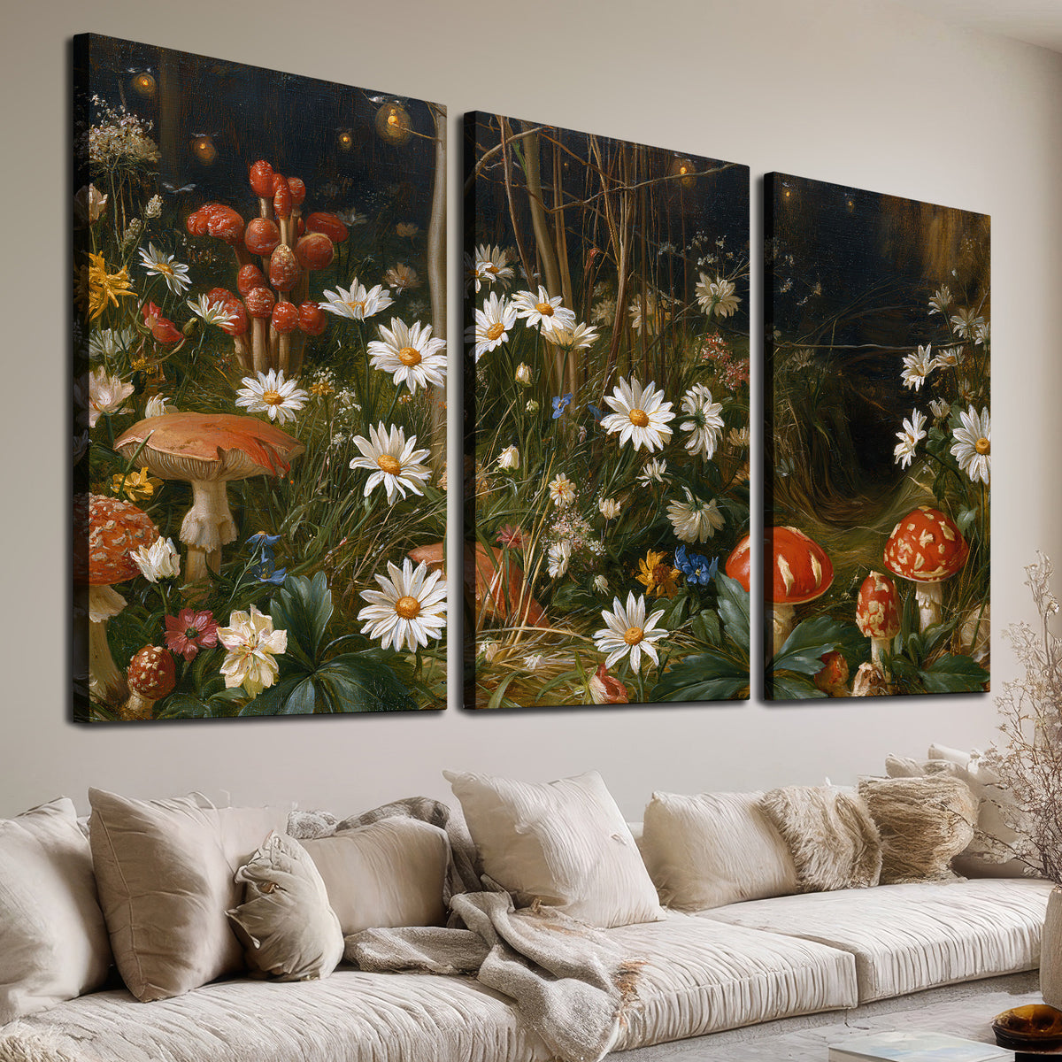 White daisies and warm red mushrooms scattered across a dark woodland garden 3 piece canvas wall art room and product view