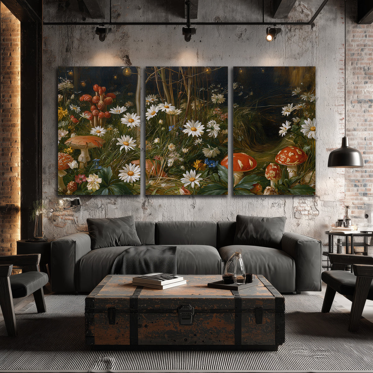 White daisies and warm red mushrooms scattered across a dark woodland garden 3 piece canvas wall art displayed in a industrial room