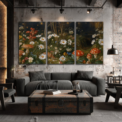 White daisies and warm red mushrooms scattered across a dark woodland garden 3 piece canvas wall art displayed in a industrial room