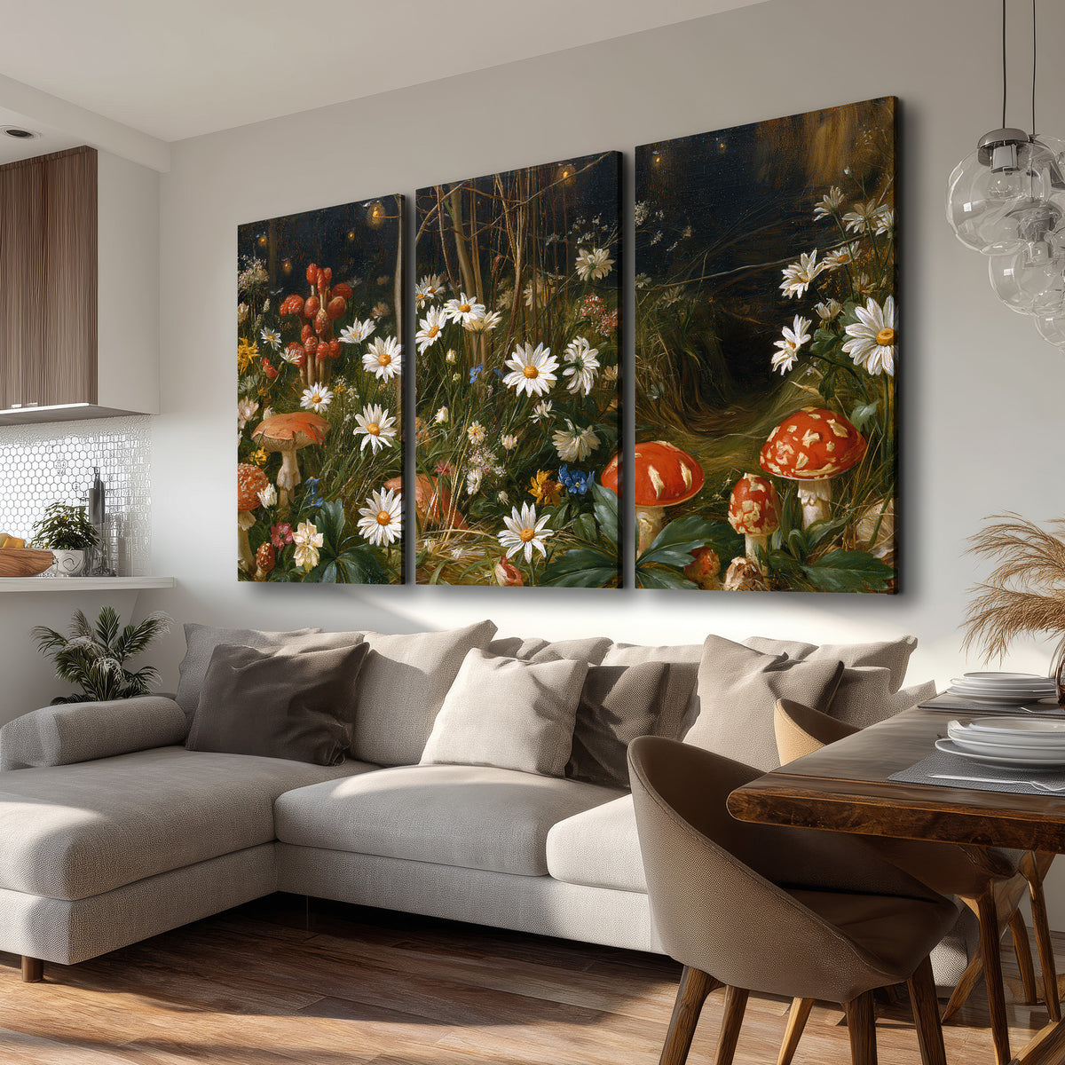 White daisies and warm red mushrooms scattered across a dark woodland garden 3 piece canvas wall art room and product view