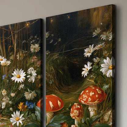 White daisies and warm red mushrooms scattered across a dark woodland garden 3 piece canvas wall art room and product view