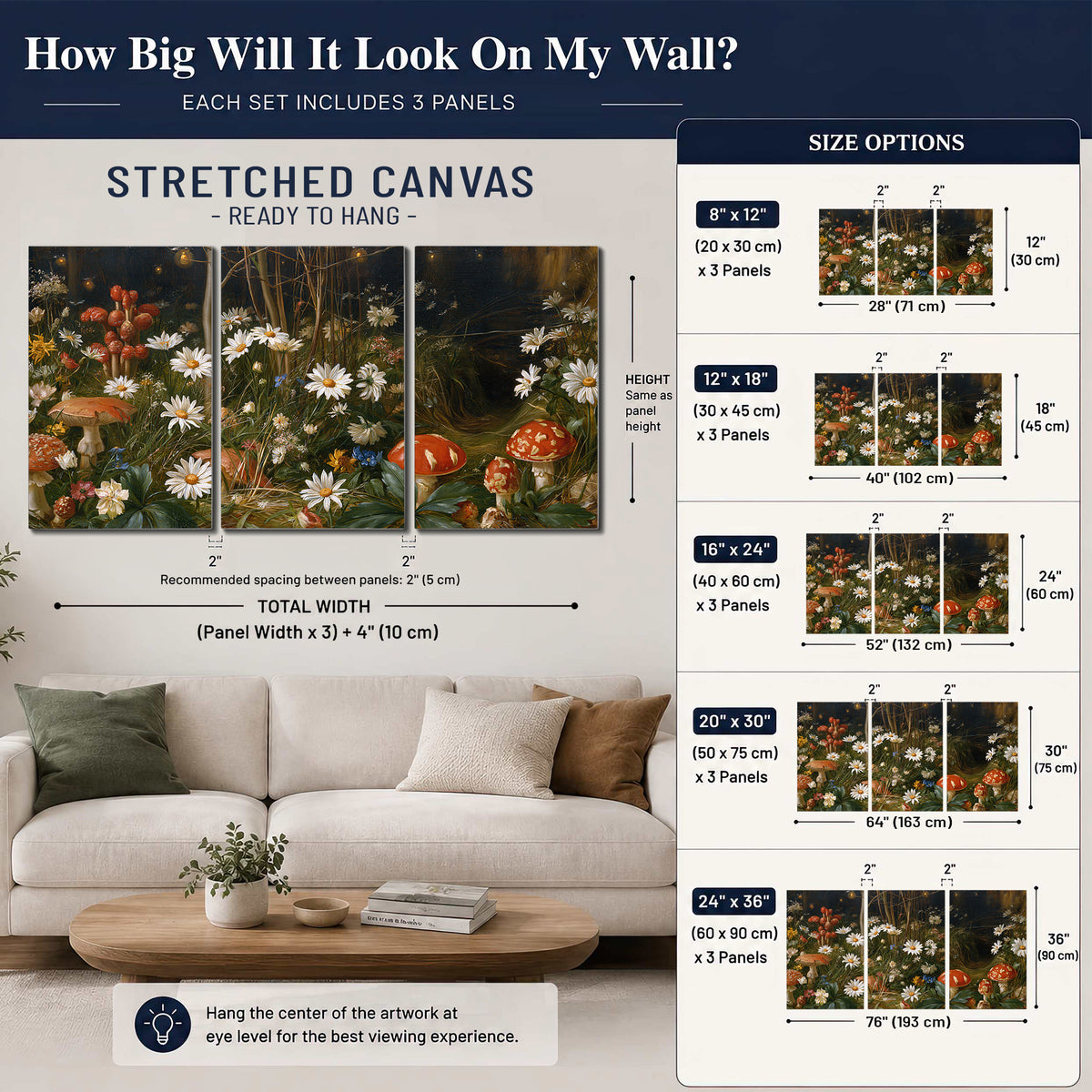 White daisies and warm red mushrooms scattered across a dark woodland garden 3 piece canvas wall art size guide above a sofa; room view is illustrative