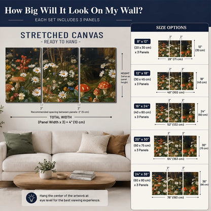 White daisies and warm red mushrooms scattered across a dark woodland garden 3 piece canvas wall art size guide above a sofa; room view is illustrative
