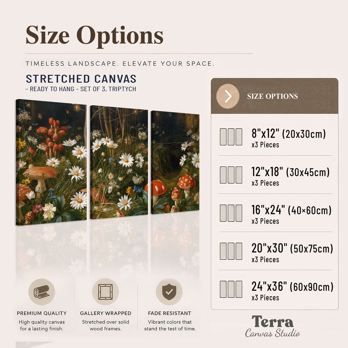 White daisies and warm red mushrooms scattered across a dark woodland garden 3 piece canvas wall art available dimensions; triptych dimensions are per panel