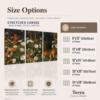 White daisies and warm red mushrooms scattered across a dark woodland garden 3 piece canvas wall art available dimensions; triptych dimensions are per panel