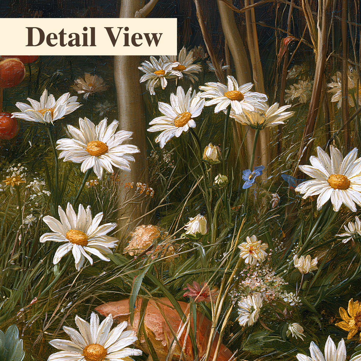 White daisies and warm red mushrooms scattered across a dark woodland garden 3 piece canvas wall art artwork detail close up