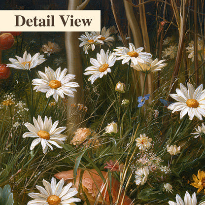 White daisies and warm red mushrooms scattered across a dark woodland garden 3 piece canvas wall art artwork detail close up